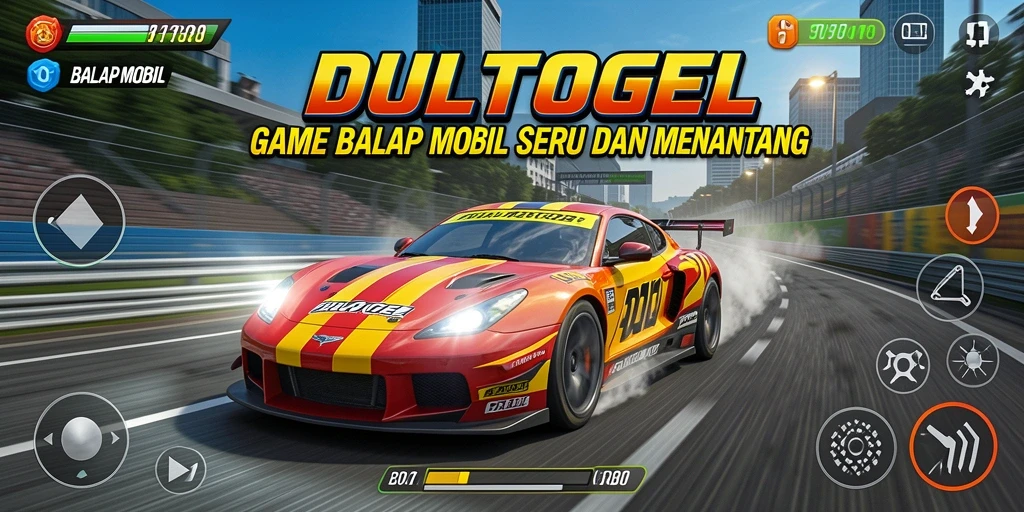 Antarmuka DULTOGEL yang menampilkan aksi balap mobil seru di trek.