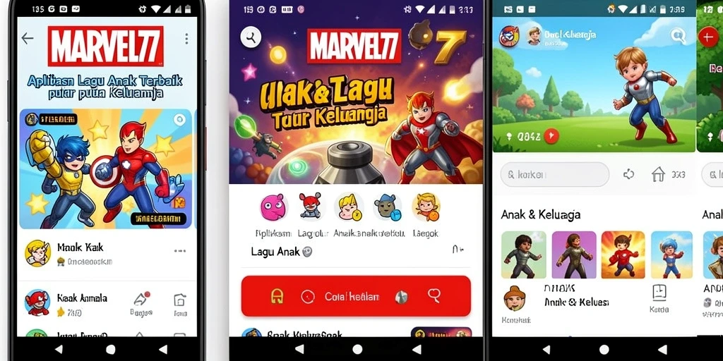 Tampilan antarmuka aplikasi MARVEL77 dengan lagu-lagu anak.