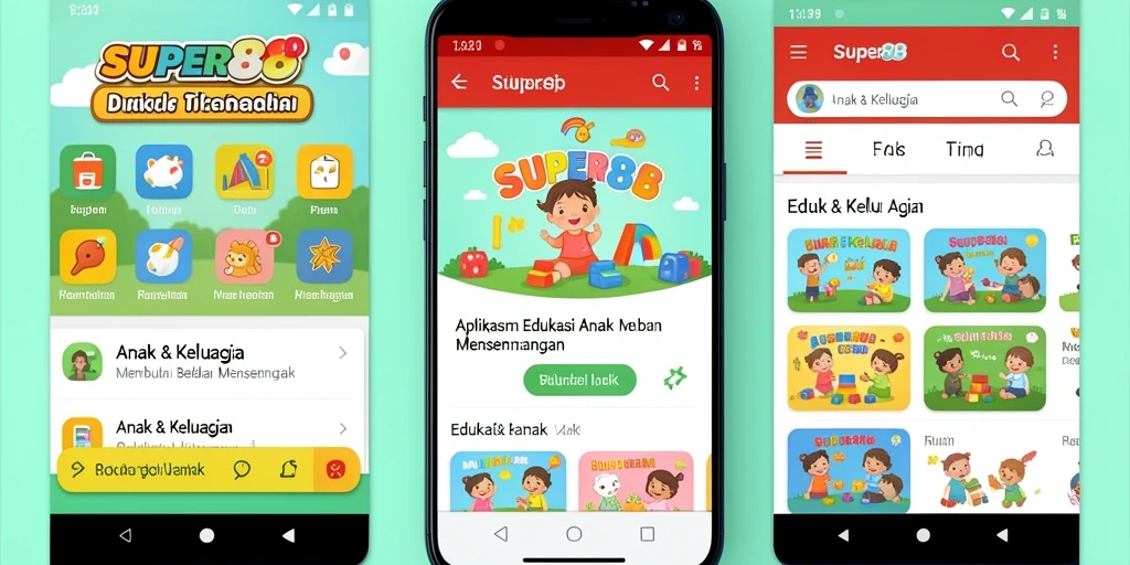 Antarmuka aplikasi SUPER88 yang interaktif dan ramah anak.